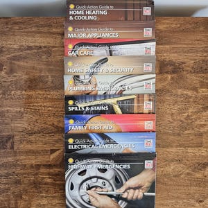 May include: A set of nine Time-Life books with yellow and red covers. Each book is a quick-action guide to different topics, including home heating and cooling, major appliances, car care, home safety and security, plumbing emergencies, spills and stains, family first aid, electrical emergencies, and highway emergencies.
