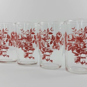 Federal Glass Juice Glasses/Vintage Red Rose Bud Juice Glasses/Vintage Federal Glass Tumblers/Vintage Federal Glass Water Glasses
