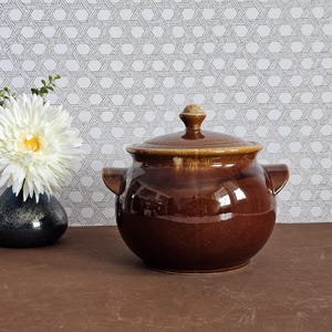 May include: A brown glazed ceramic casserole dish with a lid. The dish has a rounded body and two handles. The lid has a knob on top.