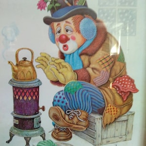 Vintage K Chin Hobo Art/1970&#39;s Clown Hobo Series Wall Art/Hobo Garbage Can Fire Framed Print