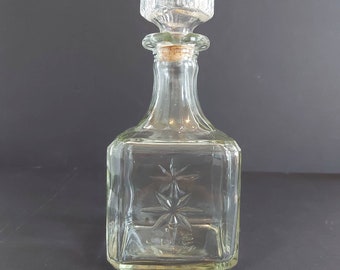 Vintage Cut Glass Liquor Decanter/1970s Square Glass Liquor Decanter/Vintage Barware