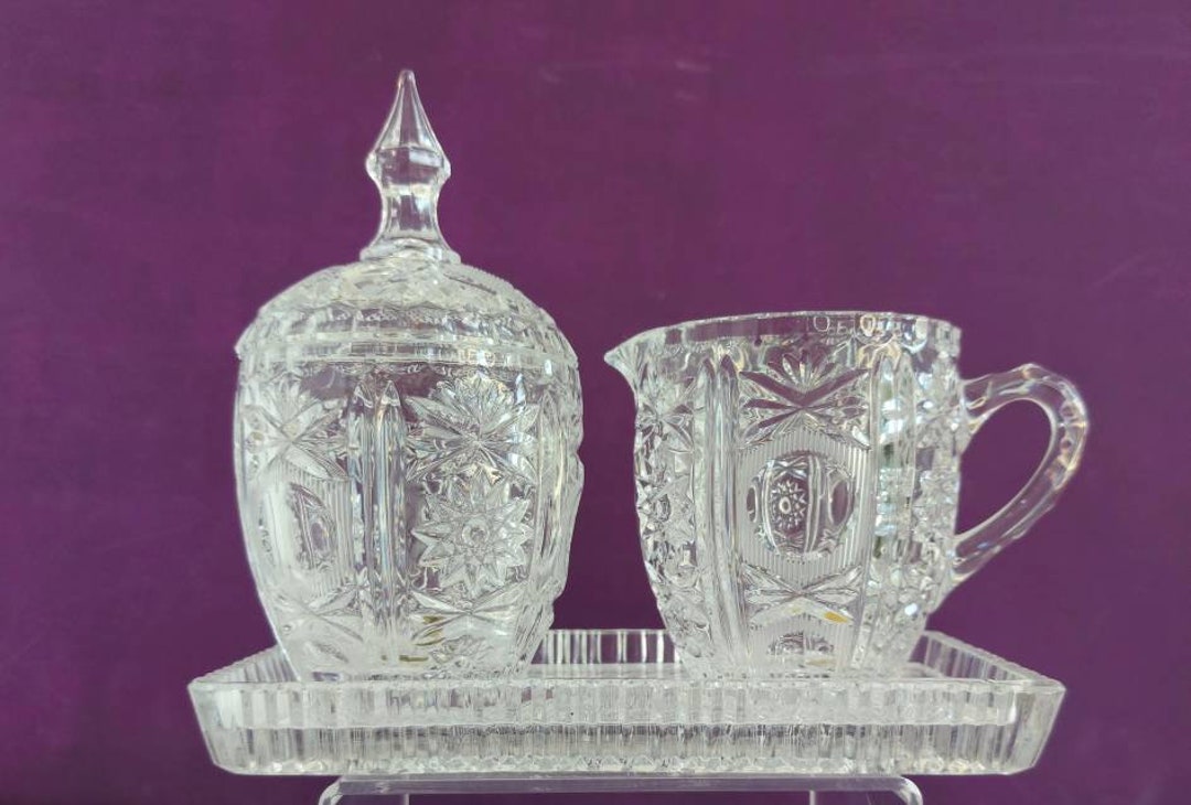 Crystal Cream and Sugar Set/vintage Italian Hand Cut Crystal Tableware/vintage Floral Hand Cut