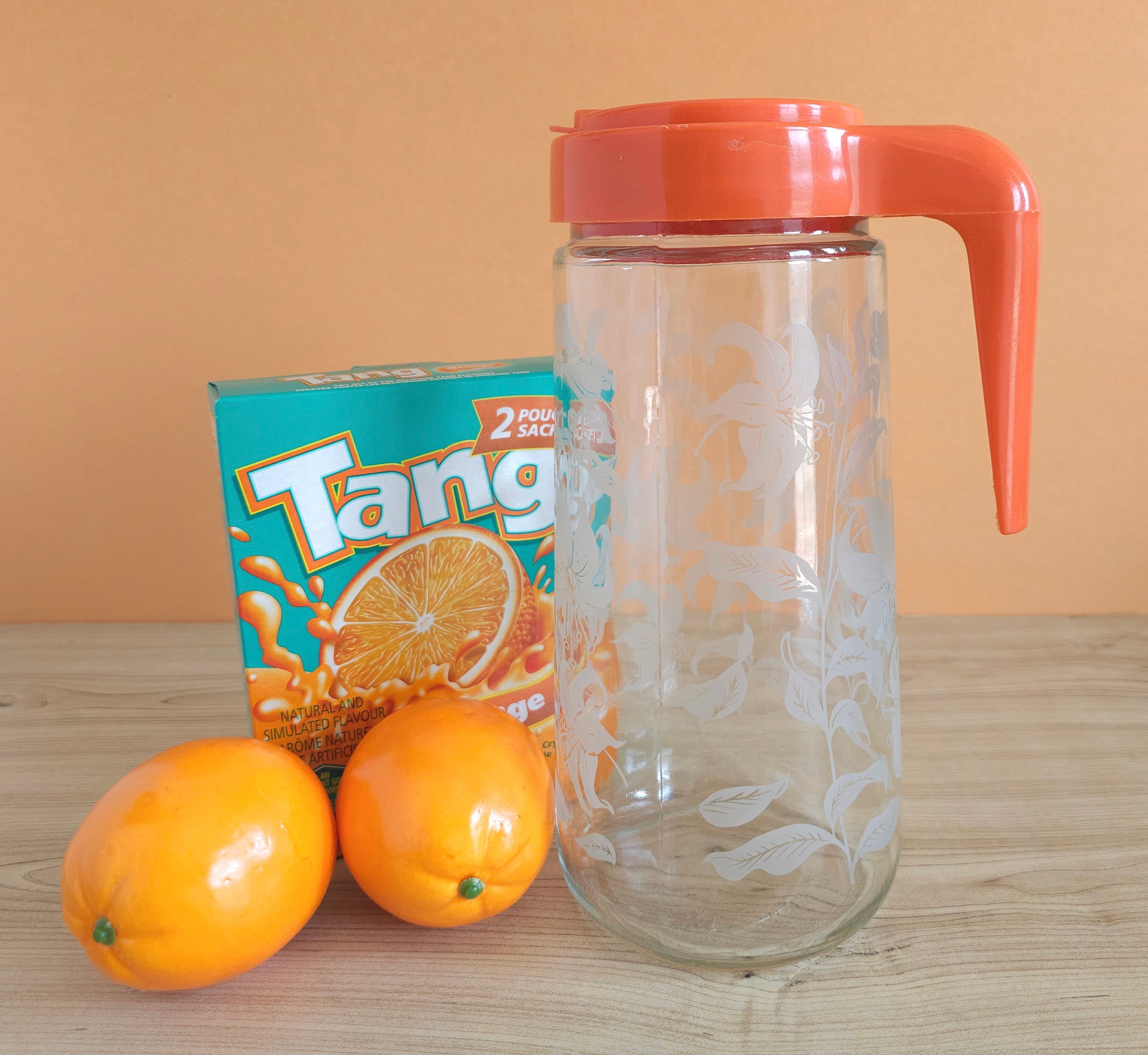 Hand Painted Oranges Leaves Orange Blossom Glass Juice Pitcher