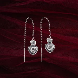 Flaming Heart Threader Earrings: Sterling Silver Sacred Heart Milagros Jewelry