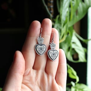 Handmade Sterling Silver Flaming Heart Earrings: Sacred Milagros Jewelry