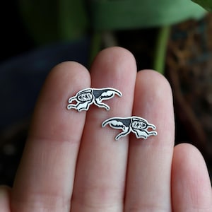 May include: Two small, silver-colored beetle-shaped earrings. Each earring features a detailed design with black accents, showcasing the insect's form. The earrings are displayed on a person's fingers, with a blurred green background.
