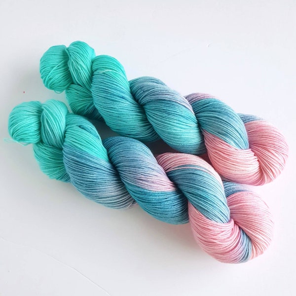 Hand Dyed Yarn, Merino & Nylon, 4Ply Sock Yarn, Fingering Yarn, "Angel Cove", Pastel Yarn, Blue Yarn, Pink Yarn