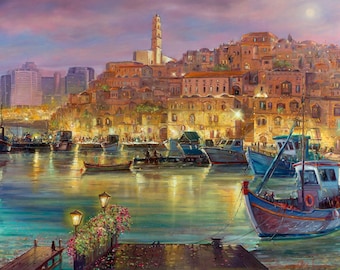 Heute Nacht steht ein Mond über dem Hafen von Jaffa in Tel Aviv. Gemälde erhältlich als Reproduktion auf Leinwand oder Metall, hergestellt im israelischen Künstler Alex Levin