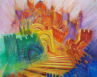 Streets in the Old Jerusalem Modern Abstract Contemporary Jewish Painting available s print on Canvas or Metal Jewish Artwork made in Israel