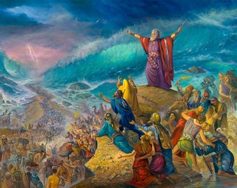 Moses crossing the sea. Jewish Painting Judaica Fine Art print on Canvas, Made in Israel by Israeli artist Alex Levin, Giclée