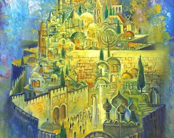 Jerusalem At Night Original Painting Modern Abstract Contemporary Jewish Artwork available as print on Canvas, Made in Israel by Alex Levin