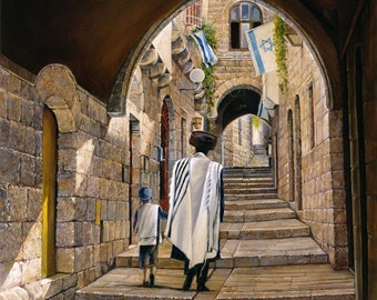 Sabbath At The Jewish Quarter In Jerusalem. Jewish Painting, Giclée
