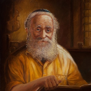 Jewish Eyes of life. Judaic original Painting of the man reading the Torah available as print on canvas or metal, Rabbi Art made in Israel