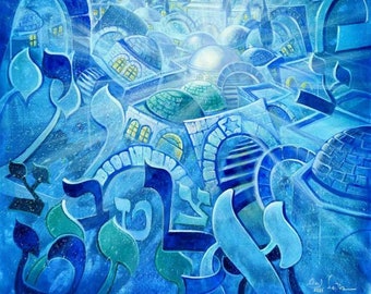 Tzfat Safed The City of Air and Kabbalah Modern Abstract Contemporary Jewish Artwork on Canvas for Wall Home Decoration by A. Levin, Giclée