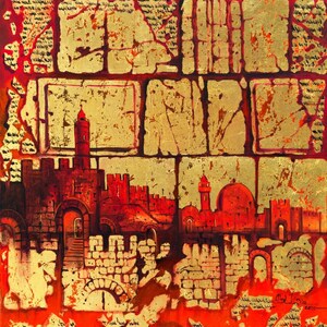 Golden Stones Of Jerusalem Modern Abstract Contemporary Jewish Artwork on Canvas for Wall Home Decor by A. Levin, Giclée