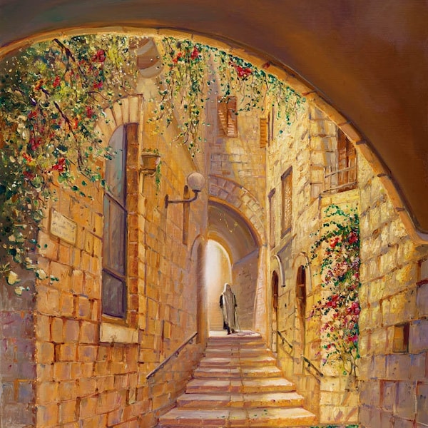 Street in the old City of Jerusalem Painting that comes in print on Canvas or Metal, Fine Art & Prints Made in Israel by Artist Alex Levin