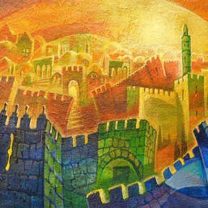 Jerusalem Kaleidoscope Modern Abstract Contemporary Jewish Artwork on Canvas for Wall Home Decor by A. Levin, Giclée. Made in Israel