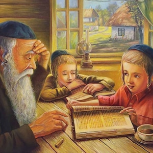 Torah lesson in shtetl. Jewish Painting Judaica Fine Art, Giclée