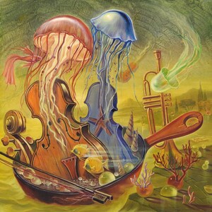 Skrzypce i meduzy – surrealistyczne malarstwo: wydruk giclee autorstwa Alexa Levina