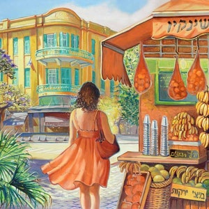 On the way to the Carmel Market in Tel Aviv. Painting of Tel Aviv by Alex Levin, Giclée