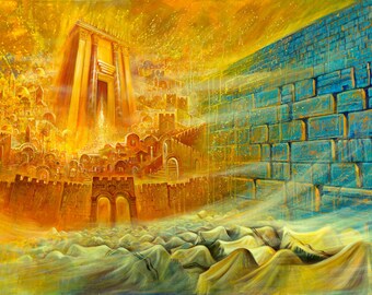 Bible Prophecy Original Jerusalem Modern Abstract Contemporary Painting of the Temple and Wailing Wall Judaic Jewish Artwork made in Israel