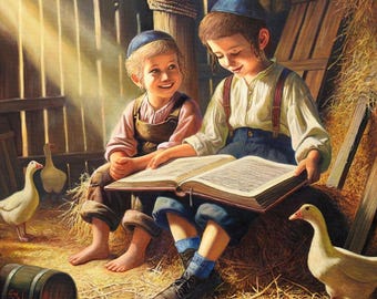 Shtetl Jewish Life Art: Children Learning Painting on Canvas or Metal