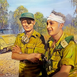 Moshe Dayan And Ariel Sharon, Heroes Of Israel, Painting on Vintage Israeli Newspapers, Print on Canvas and Metal, Giclée