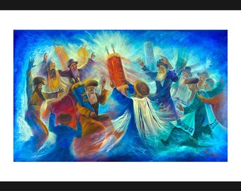 Simchat Torah Celebration, Fine Art On Paper 30&quot;x22&quot;, Framed and protected plexiglass. Artwork by Alex Levin, Israel
