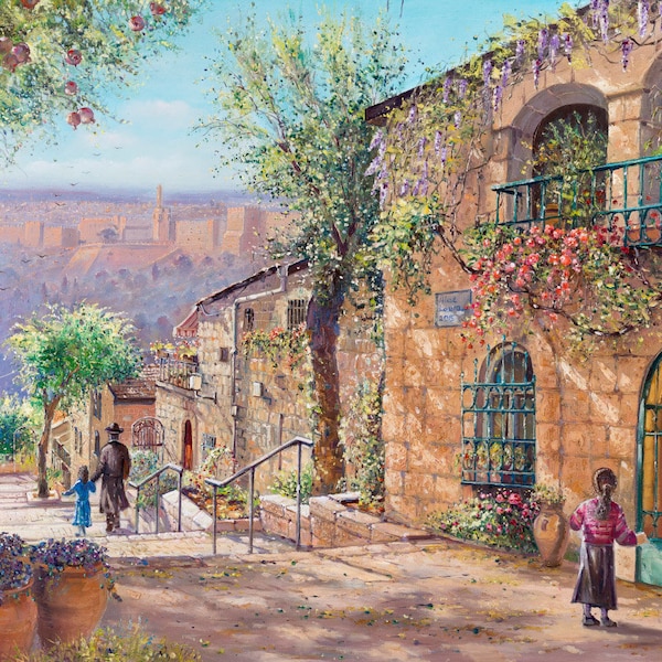 Jerusalem street and Tower of David Original painting of that comes in print on Canvas Fine Art & Prints Made in Israel by Artist Alex Levin