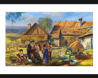 Jewish Life in Shtetl Print: Framed Fine Art with Plexiglass