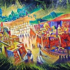 Jerusalem At Night Original Painting Modern Abstract Contemporary Jewish Artwork available as print on Canvas or Metal, Made in Israel