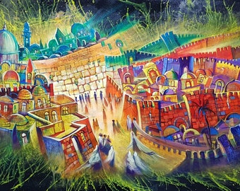 Jerusalem At Night Original Painting Modern Abstract Contemporary Jewish Artwork available as print on Canvas or Metal, Made in Israel