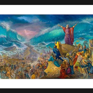 Moses Crossing The Sea, Poster Fine Art On Paper 30&quot;x22&quot;, Framed and protected plexiglass. Artwork by Alex Levin, Israel