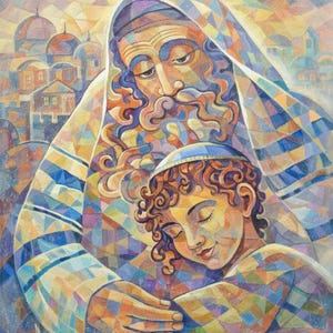 May include: A colorful painting depicts a man with a long beard and a boy in a yarmulke. The man embraces the boy, both with closed eyes. The background shows a city with domes, painted in a geometric style with warm and cool tones.