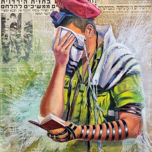 Israeli Paratrooper in Prayer While Fulfilling His Duty, Painting on Vintage Israeli Newspaper Print on Canvas and Metal by Alex Levin