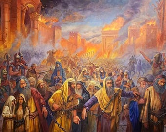 Puede incluir: Una pintura al óleo que representa una escena histórica de una ciudad en llamas con soldados con armadura y un gran grupo de personas con túnicas siendo llevadas encadenadas. Una menorá dorada se sostiene en alto entre estructuras de piedra.