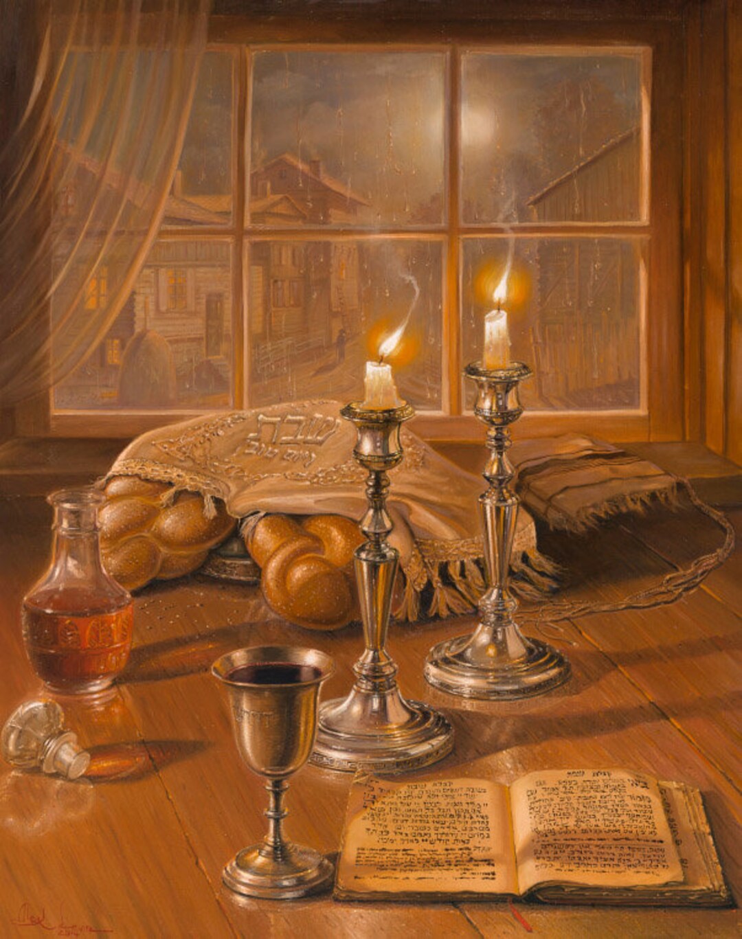 Shabbat Shalom. Jewish Painting of Are Candles Lit on Friday Evening