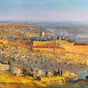 Jerusalem old city on seven Hills Original painting that comes in print on Canvas or Metal Judaic Fine Art and Prints Made by Israeli Artist