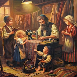 Jewish Tailor Painting: Shtetl Life, Judaica Art Print, Made in Israel by Alex Levin