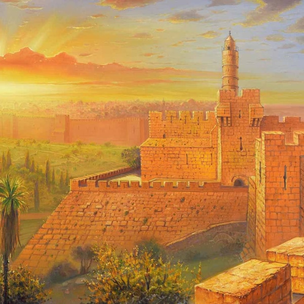 Golden Serenade of Jerusalem, Tower of David Original painting that comes in print on Canvas or Metal Judaic Fine Art and Prints