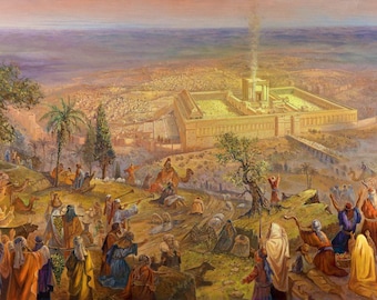 May include: A detailed painting depicting a large stone temple complex with a plume of smoke rising from its center, situated in a landscape filled with numerous figures in robes, camels, and trees under a soft, warm-toned sky.