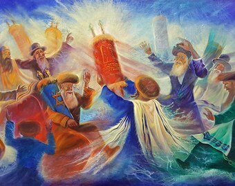 Simchat Torah Celebration Modern Abstract Contemporary Jewish Artwork on Canvas for Wall Home Decor by A. Levin, Giclée