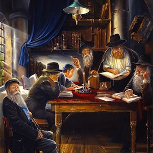 Torah Study in Shtetl. Jewish Painting Judaica Fine Art print on Canvas or Metal, stretched and framed, Giclée