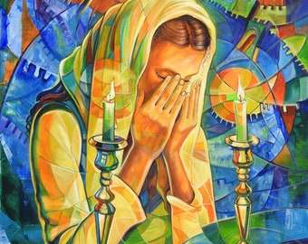 Woman honoring the Shabbat In Jerusalem Original Painting Modern Abstract Contemporary Jewish Artwork available as print on Canvas and Metal