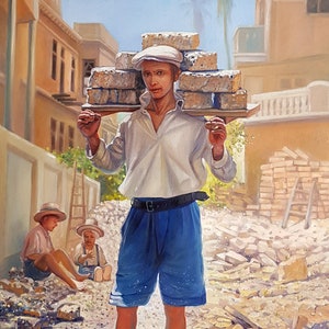 First Jewish Repatriate Building Tel Aviv In 1920, Painting on Vintage Israeli Newspapers, Print on Canvas and Metal, Giclée