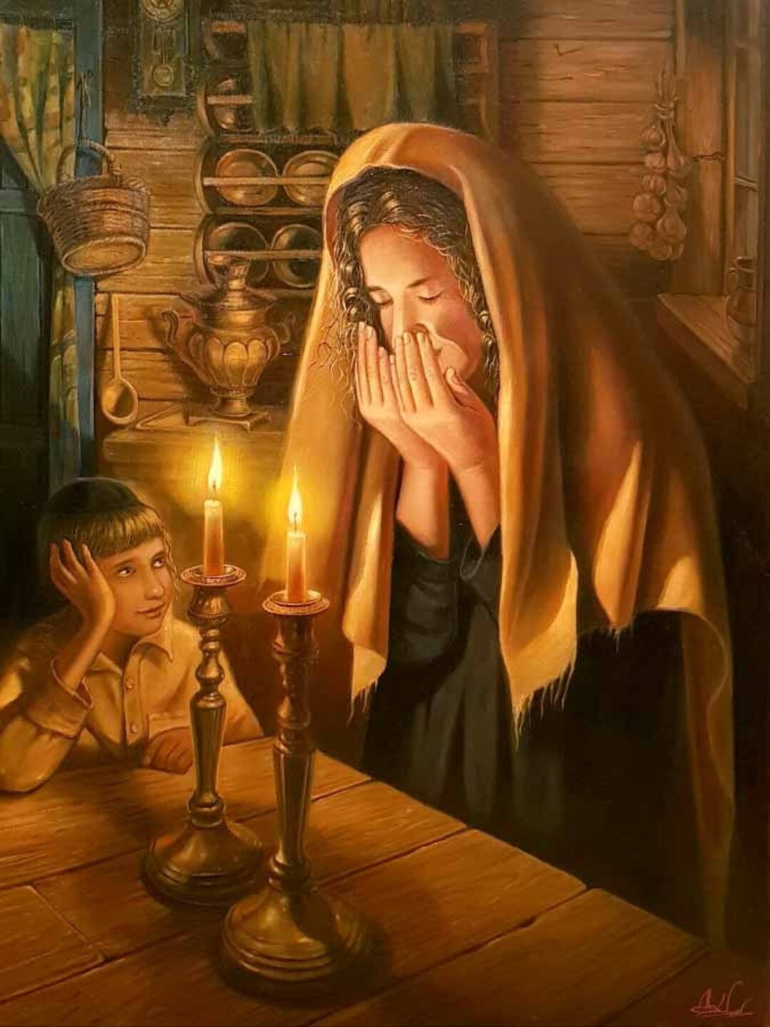 Woman Lighting Shabbat Candles in Shtetl, Jewish Painting Judaica Fine
