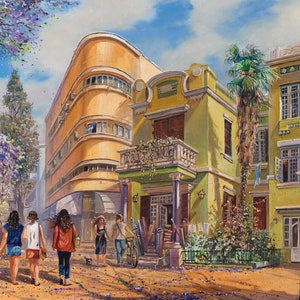 On Tel Aviv's Nahalat Binyamin Street. Painting of Tel Aviv by Alex Levin, Giclée