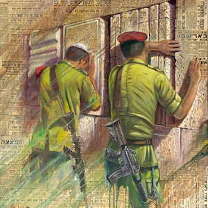 Paratroopers At The Western Wall, Painting on Vintage Israeli Newspapers, Print on Canvas and Metal, Print on Canvas and Metal by Alex Levin