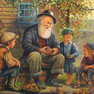 Jewish Art Print: Grandfather and Grandchildren, Shtetl Memories