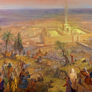 Pilgrimage To The Second Jerusalem Temple Painting comes in print on Canvas or Metal Fine Art and Prints Made in Israel by Artist Alex Levin